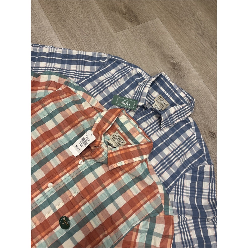 Lot Of 2 LL Bean Shirt Men S Blue Signature Seersucker Plaid Slightly Fitted